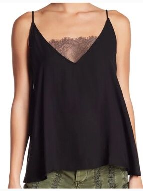 Intimately Free People Deep V Bandeau Casual Satin Black Lace Cami Tank Top